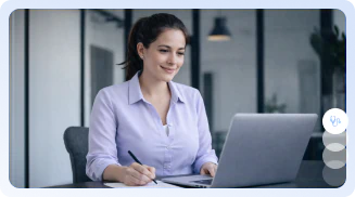 Pessoa utilizando um notebook sorrindo e fazendo anotações em um papel ao lado